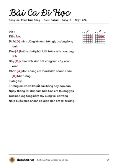 Hợp âm Bài Ca Đi Học (Xuân Mai) – bản nhạc PDF trang 1, tông D