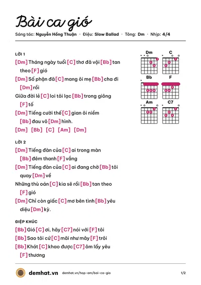 Hợp âm Bài ca gió (Nguyễn Hồng Thuận) – bản nhạc PDF trang 1, tông Dm