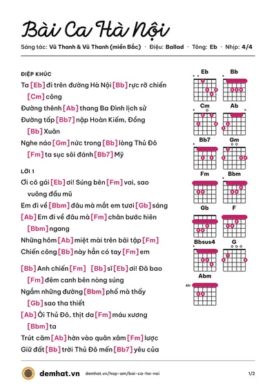 Hợp âm Bài Ca Hà Nội (Vũ Thắng Lợi) – bản nhạc PDF trang 1, tông Eb