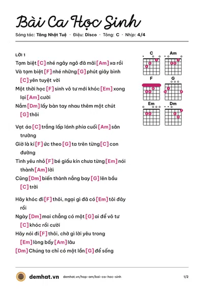 Hợp âm Bài Ca Học Sinh (Tino) – bản nhạc PDF trang 1, tông C