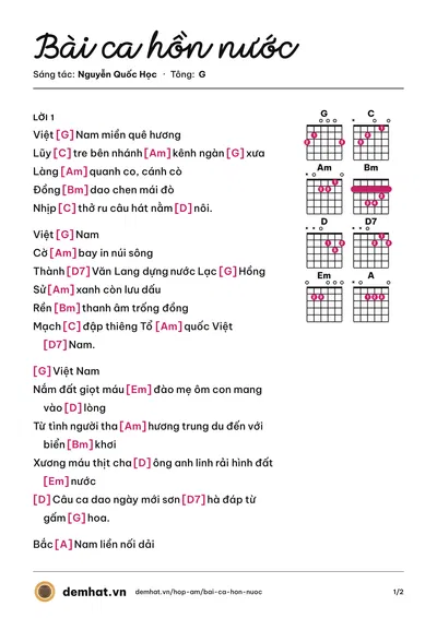 Hợp âm Bài ca hồn nước (Tốp Ca) – bản nhạc PDF trang 1, tông G