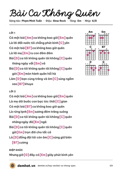 Hợp âm Bài Ca Không Quên (Trọng Tấn) – bản nhạc PDF trang 1, tông Em