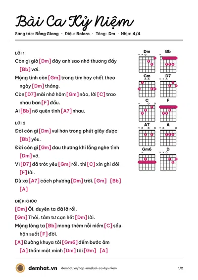 Hợp âm Bài Ca Kỷ Niệm (Trường Sơn) – bản nhạc PDF trang 1, tông Dm