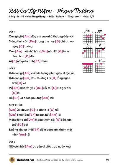 Hợp âm Bài Ca Kỷ Niệm - Phạm Trưởng (Phạm Trưởng) – bản nhạc PDF trang 1, tông Am