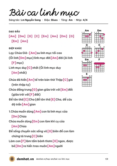 Hợp âm Bài ca linh mục (Lm Nguyễn Sang) – bản nhạc PDF trang 1, tông Am