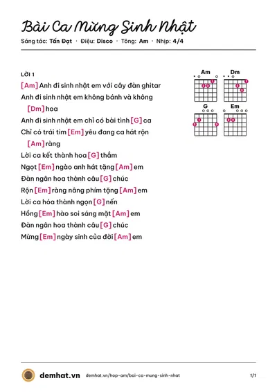 Hợp âm Bài Ca Mừng Sinh Nhật (Tấn Đạt) – bản nhạc PDF trang 1, tông Am