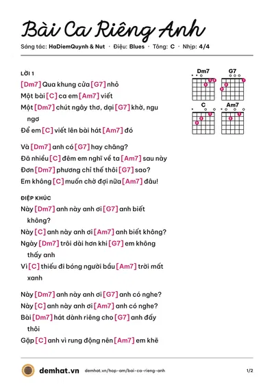 Hợp âm Bài Ca Riêng Anh (HaDiemQuynh) – bản nhạc PDF trang 1, tông C