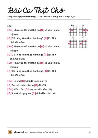 Hợp âm Bài Ca Thịt Chó (Nguyễn Hải Phong) – bản nhạc PDF trang 1, tông Em