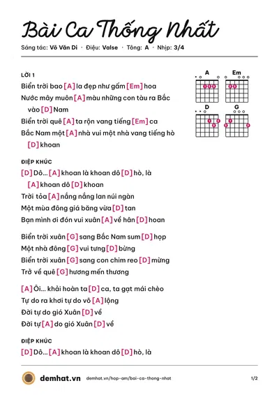 Hợp âm Bài Ca Thống Nhất (Trọng Tấn) – bản nhạc PDF trang 1, tông A