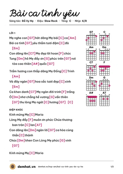 Hợp âm Bài ca tình yêu (Cẩm Yến) – bản nhạc PDF trang 1, tông C