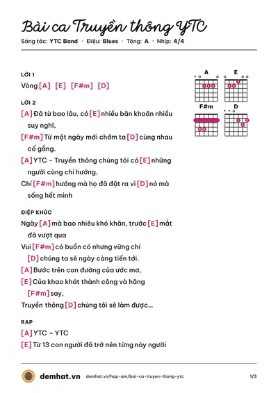 Hợp âm Bài ca Truyền thông YTC (YTC Band) – bản nhạc PDF trang 1, tông A