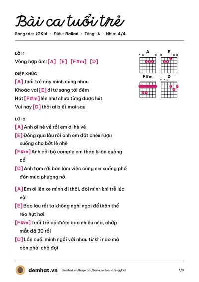 Hợp âm Bài ca tuổi trẻ (JGKid) – bản nhạc PDF trang 1, tông A