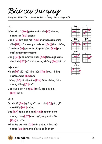 Hợp âm Bài ca vu quy (Minh Tâm) – bản nhạc PDF trang 1, tông Em