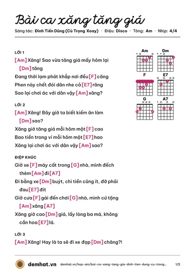 Hợp âm Bài ca xăng tăng giá (Đinh Tiến Dũng (Cù Trọng Xoay)) – bản nhạc PDF trang 1, tông Am