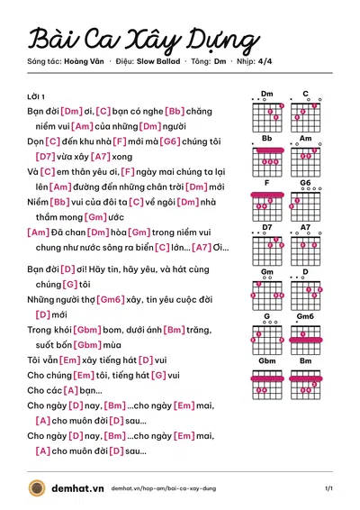 Hợp âm Bài Ca Xây Dựng (Trọng Tấn) – bản nhạc PDF trang 1, tông Dm