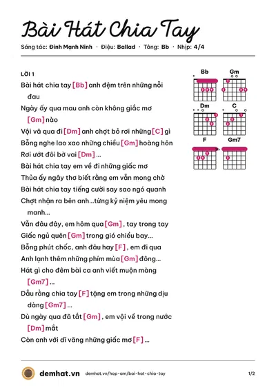 Hợp âm Bài Hát Chia Tay (Đinh Mạnh Ninh) – bản nhạc PDF trang 1, tông Bb