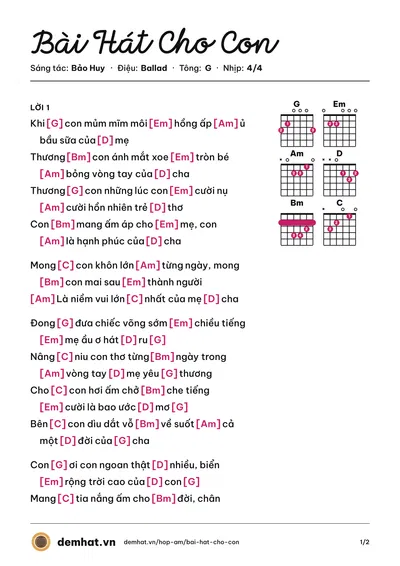 Hợp âm Bài Hát Cho Con (Anh Thúy) – bản nhạc PDF trang 1, tông G