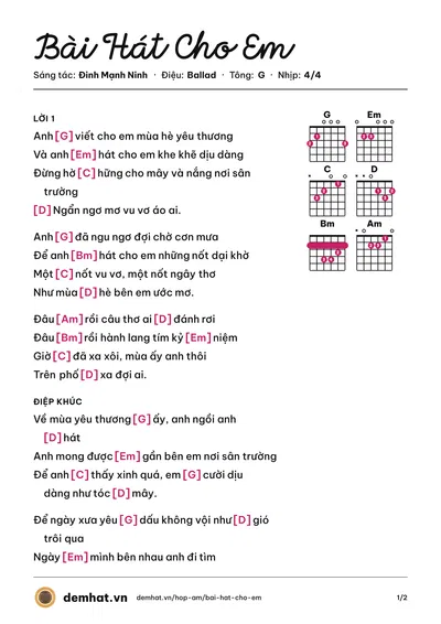 Hợp âm Bài Hát Cho Em (M4U Band) – bản nhạc PDF trang 1, tông G