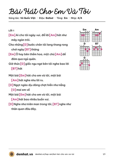 Hợp âm Bài Hát Cho Em Và Tôi (Quang Hà) – bản nhạc PDF trang 1, tông Em