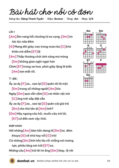 Hợp âm Bài hát cho nỗi cô đơn (Đặng Thanh Tuyền) – bản nhạc PDF trang 1, tông Am