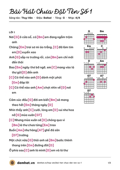 Hợp âm Bài Hát Chưa Đặt Tên Số 1 (Thụy Vân) – bản nhạc PDF trang 1, tông G
