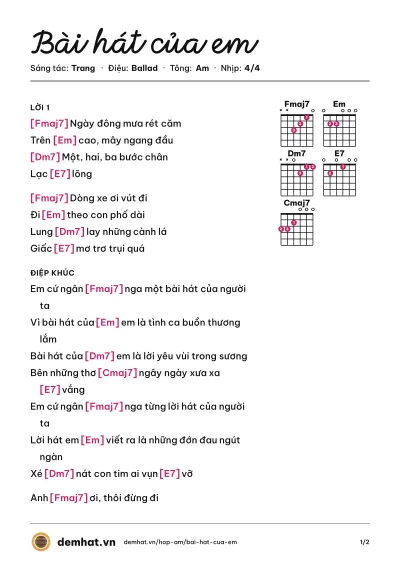 Hợp âm Bài hát của em (Trang) – bản nhạc PDF trang 1, tông Am