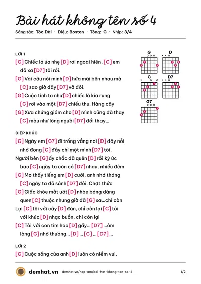 Hợp âm Bài hát không tên số 4 (Tóc Dài) – bản nhạc PDF trang 1, tông G