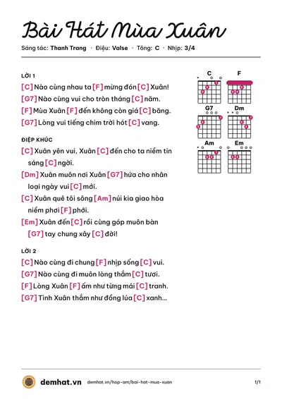 Hợp âm Bài Hát Mùa Xuân (Quỳnh Giao) – bản nhạc PDF trang 1, tông C