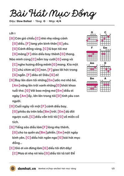 Hợp âm Bài Hát Mục Đồng (Hà Chương) – bản nhạc PDF trang 1, tông G