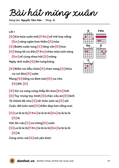 Hợp âm Bài hát mừng xuân (Nguyễn Tâm Hàn) – bản nhạc PDF trang 1, tông G
