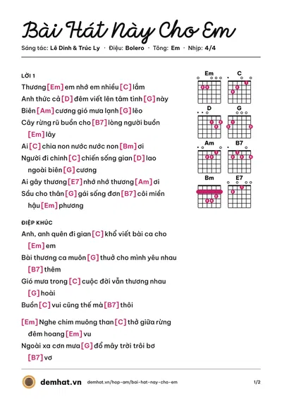 Hợp âm Bài Hát Này Cho Em (Tuấn Vũ) – bản nhạc PDF trang 1, tông Em