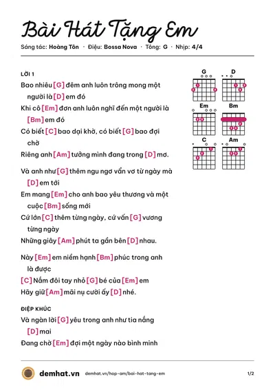 Hợp âm Bài Hát Tặng Em (Hoàng Tôn) – bản nhạc PDF trang 1, tông G