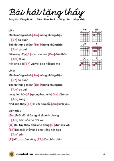 Hợp âm Bài hát tặng thầy (Đặng Được) – bản nhạc PDF trang 1, tông Am