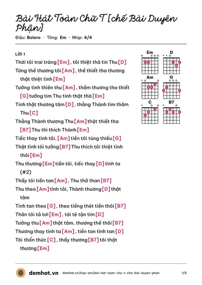Hợp âm Bài Hát Toàn Chữ T [chế Bài Duyên Phận] (Hồ Minh Tài) – bản nhạc PDF trang 1, tông Em