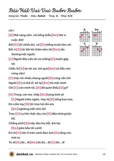 Hợp âm Bài Hát Vui Vui Buồn Buồn (Thuần) – bản nhạc PDF trang 1, tông G