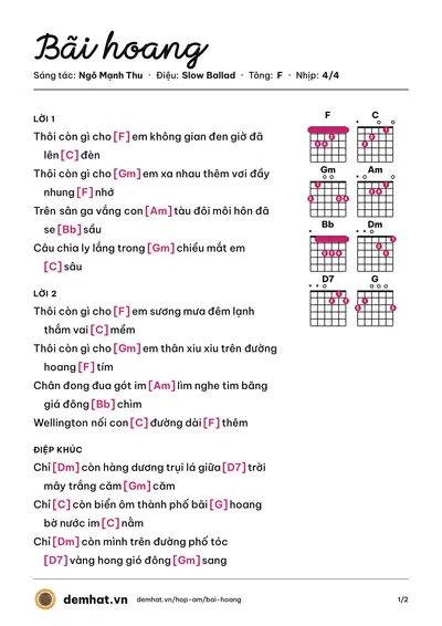 Hợp âm Bãi hoang (Ngô Mạnh Thu) – bản nhạc PDF trang 1, tông F