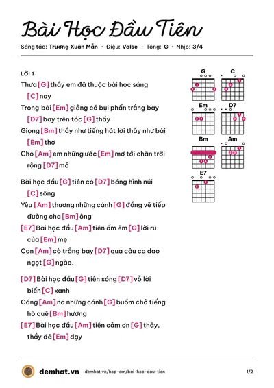 Hợp âm Bài Học Đầu Tiên (Thanh Thảo) – bản nhạc PDF trang 1, tông G