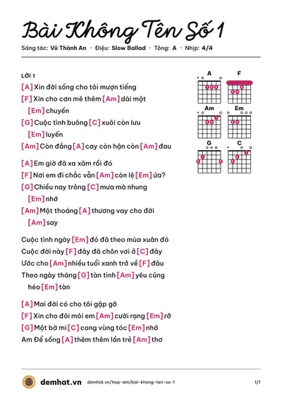 Hợp âm Bài Không Tên Số 1 (Duy Quang) – bản nhạc PDF trang 1, tông A