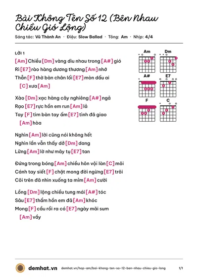 Hợp âm Bài Không Tên Số 12 (Bên Nhau Chiều Gió Lộng) (Lệ Thu) – bản nhạc PDF trang 1, tông Am