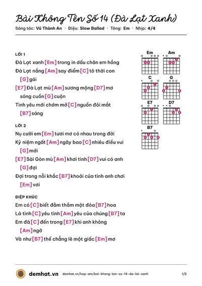 Hợp âm Bài Không Tên Số 14 (Đà Lạt Xanh) (Kim Anh) – bản nhạc PDF trang 1, tông Em