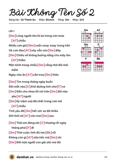 Hợp âm Bài Không Tên Số 2 (Vũ Khanh) – bản nhạc PDF trang 1, tông Dm
