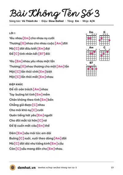 Hợp âm Bài Không Tên Số 3 (Tuấn Ngọc) – bản nhạc PDF trang 1, tông Em