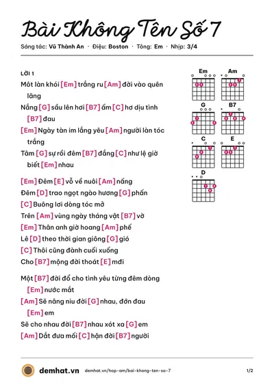 Hợp âm Bài Không Tên Số 7 (Tuấn Ngọc) – bản nhạc PDF trang 1, tông Em