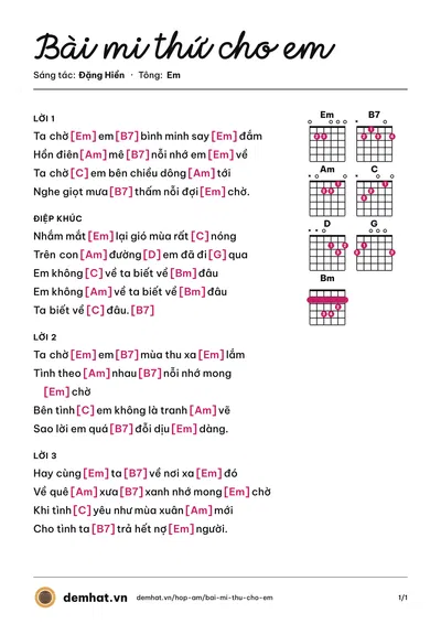 Hợp âm Bài mi thứ cho em (Dzoãn Minh) – bản nhạc PDF trang 1, tông Em