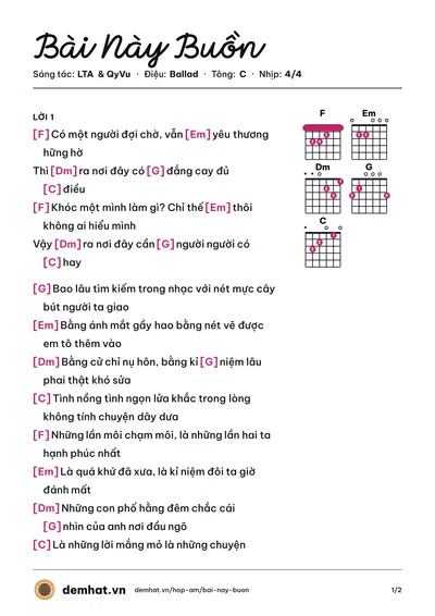 Hợp âm Bài Này Buồn (LTA) – bản nhạc PDF trang 1, tông C