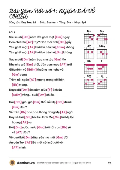 Hợp âm Bài Sám Hối số 1: NGỰA ĐÃ VỀ CHIỀU (Bảo Yến) – bản nhạc PDF trang 1, tông Dm