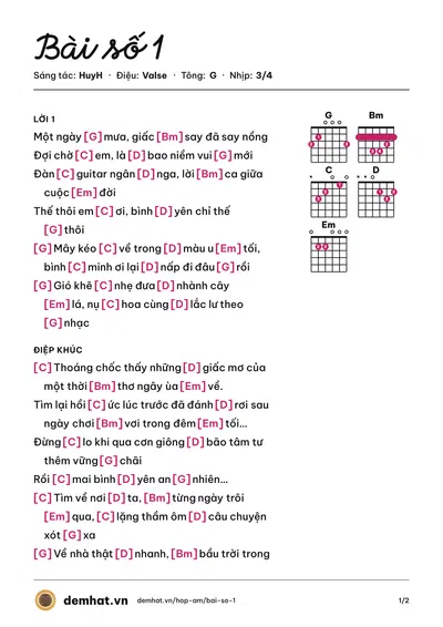 Hợp âm Bài số 1 (HuyH) – bản nhạc PDF trang 1, tông G