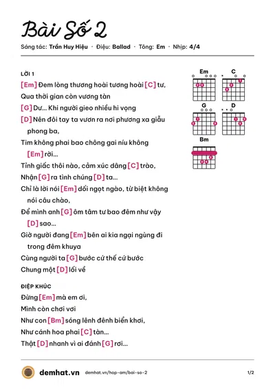 Hợp âm Bài Số 2 (HuyH) – bản nhạc PDF trang 1, tông Em