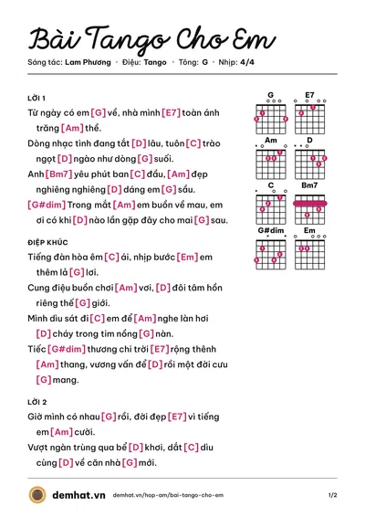 Hợp âm Bài Tango Cho Em (Lê Hiếu) – bản nhạc PDF trang 1, tông G