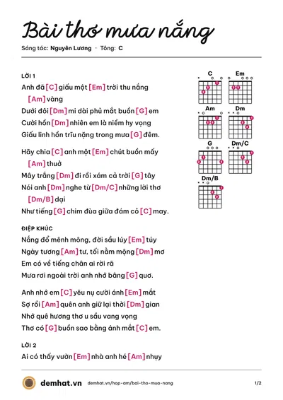 Hợp âm Bài thơ mưa nắng (Nguyên Lương) – bản nhạc PDF trang 1, tông C
